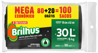 BRILHUS SACO P/ LIXO 30L *ROLO* MEGA 100 UNID.